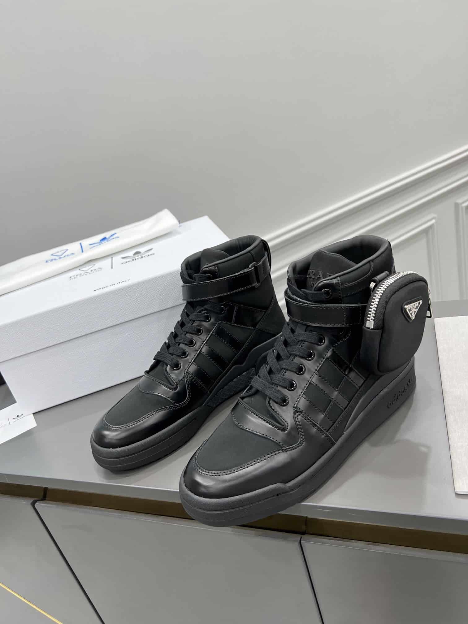 (1:1 replica) Prada Adidas For Prada Re-Nylon Forum High Top Sneakers Black For Women 1.6in/40mm PRD 2TG193_3LJX_F0557