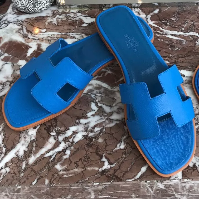 (1:1 replica) HERMES ORAN SLIDE SANDALS IN BLUE HYDRA EPSOM CALFSKIN HMSD069