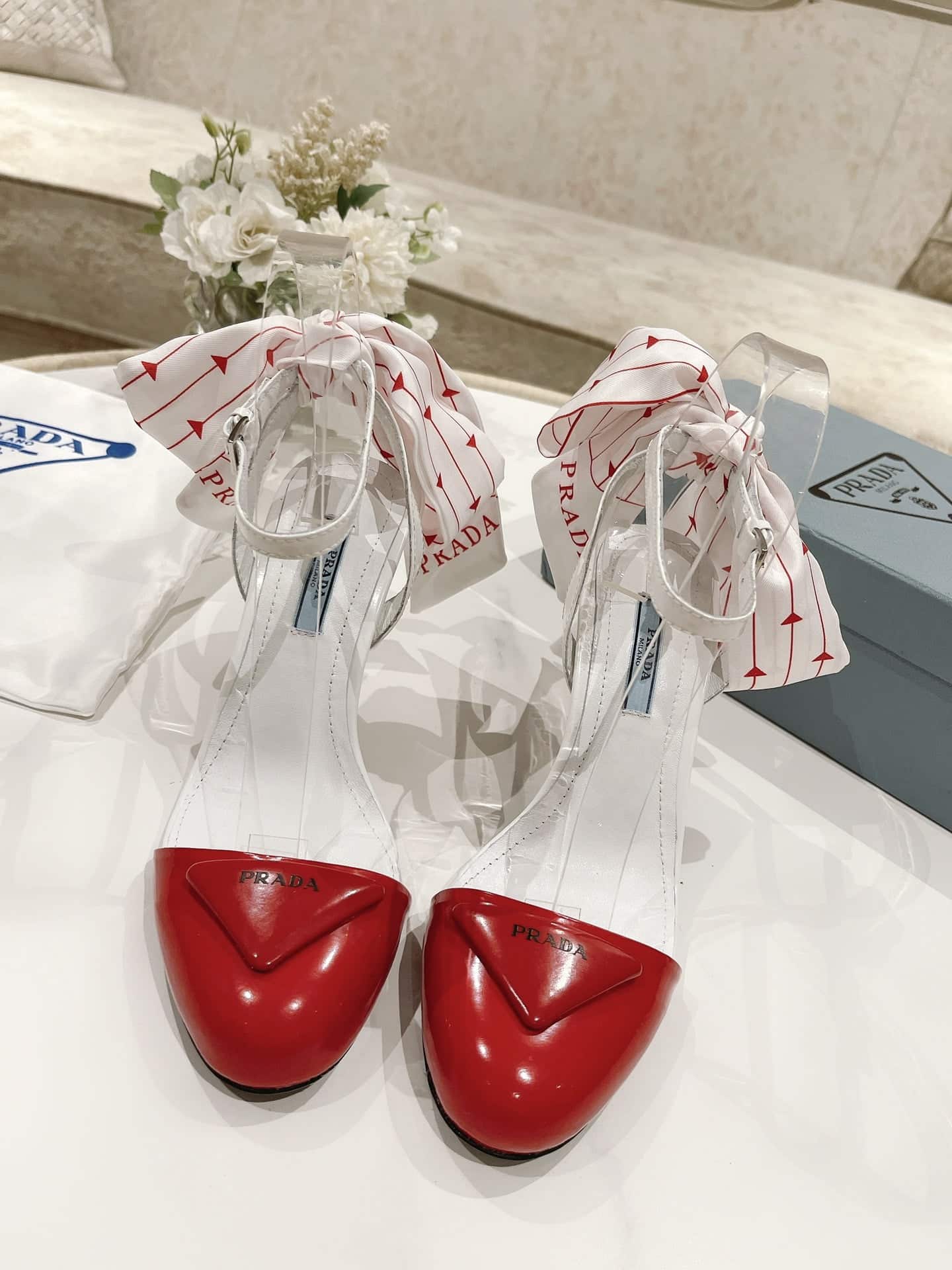 (1:1 replica) Prada Patent Sling-Back Pumps White/Red For Women 3.5/90mm PRD