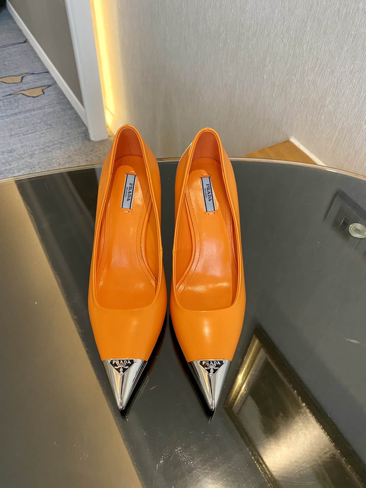 (1:1 replica) Prada Brushed Pumps Orange For Women 2.9in/75mm PRD