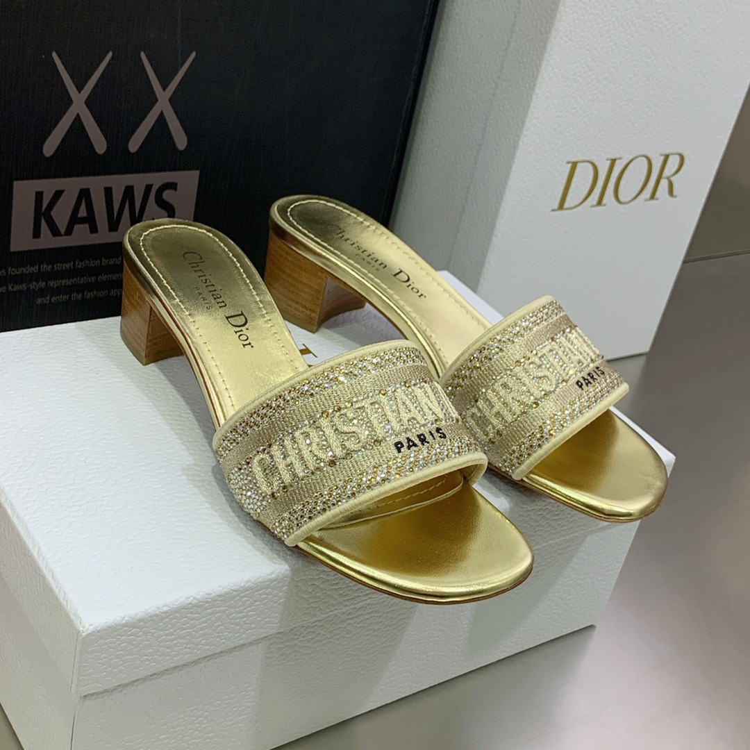 (1:1 replica) Christian Dior Women s Dway Heeled Slide Gold-Tone For Women CD KCQ244LCS_S62K
