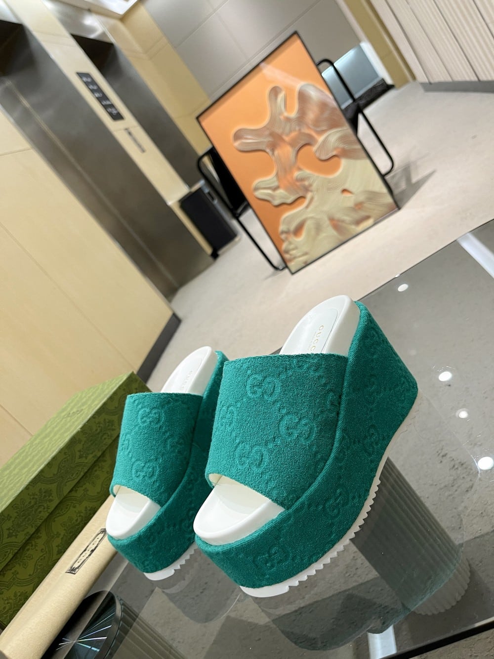 (1:1 replica) Gucci Women s GG Platform Sandal Dark Green For Women GG