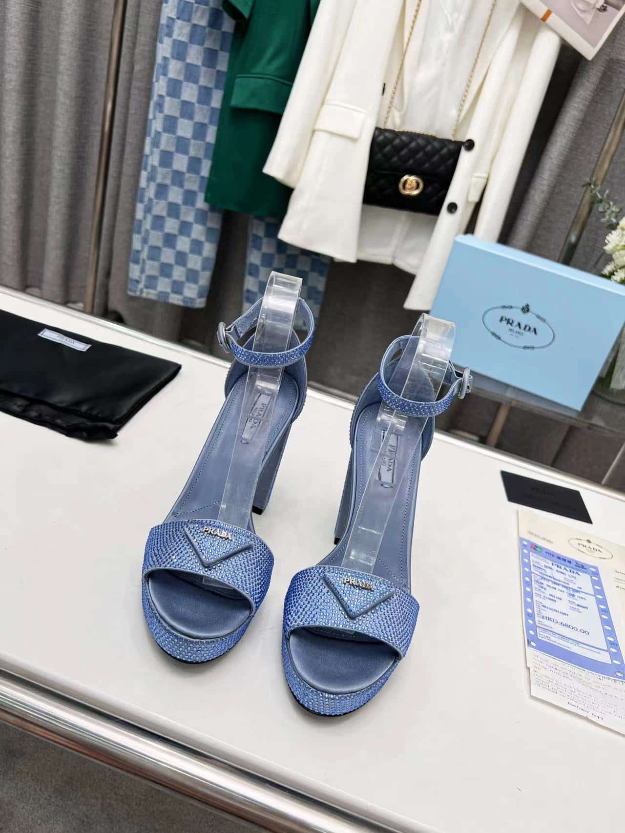 (1:1 replica) Prada Satin Platform Sandals With Crystals Blue For Women 5.3in/135mm PRD
