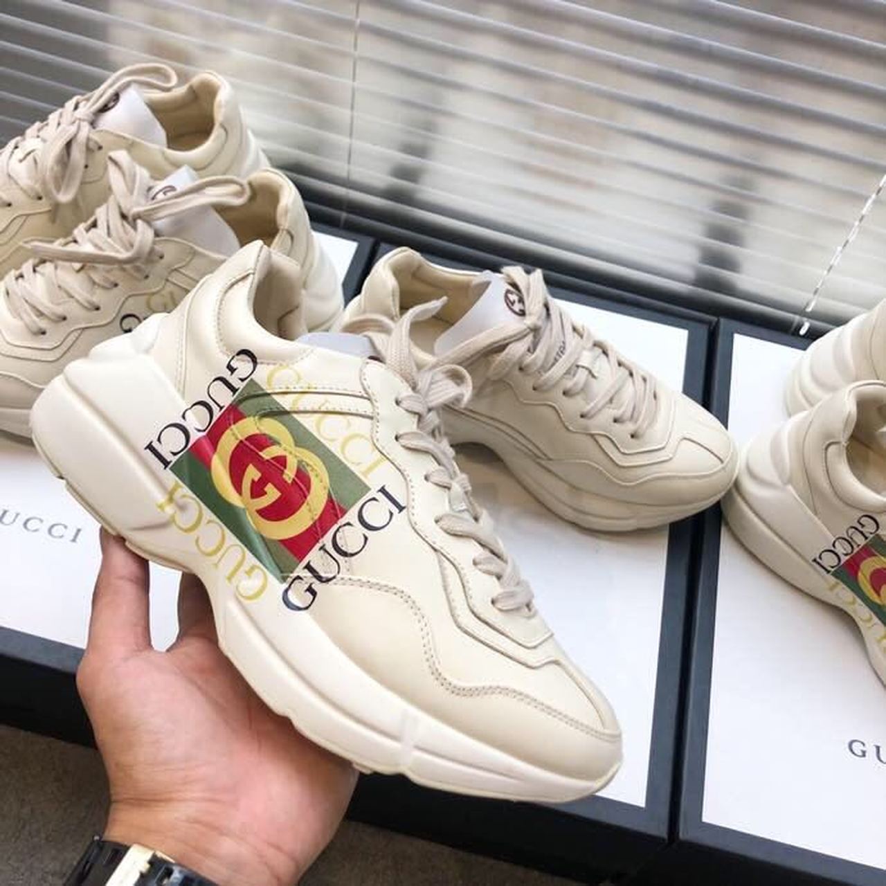 (1:1 replica) Gucci Women s Rhyton Sneaker With Gucci Logo White For Women GG