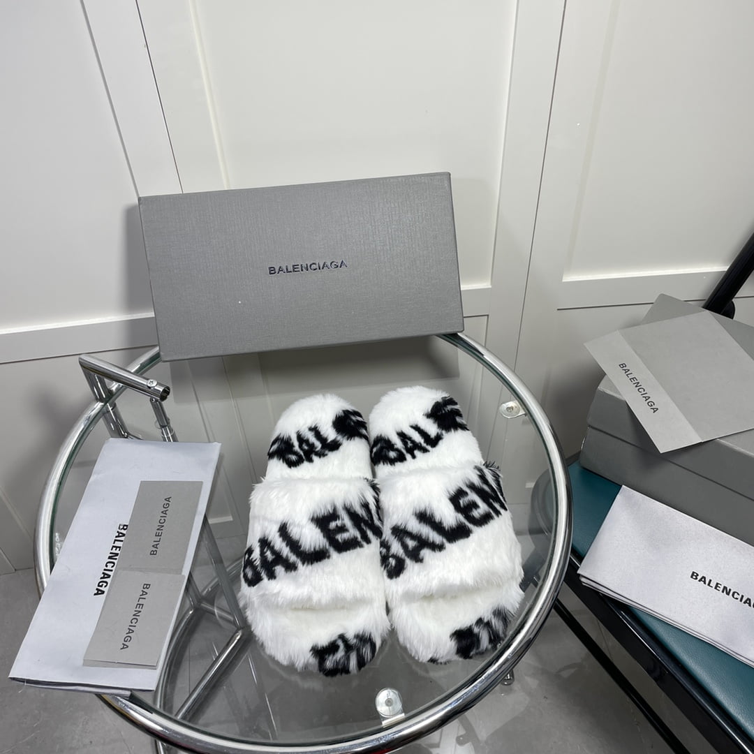 (1:1 replica) Balenciaga Furry Slide Sandal Allover Logo White For Women