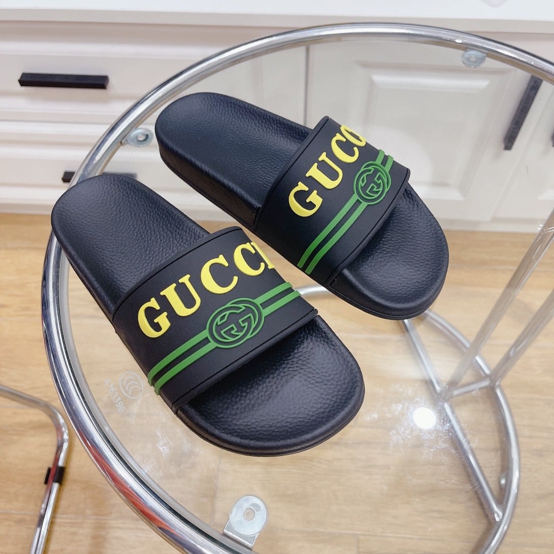 (1:1 replica) Gucci Women s Logo Rubber Slide Black Green And Yellow For Women 522887