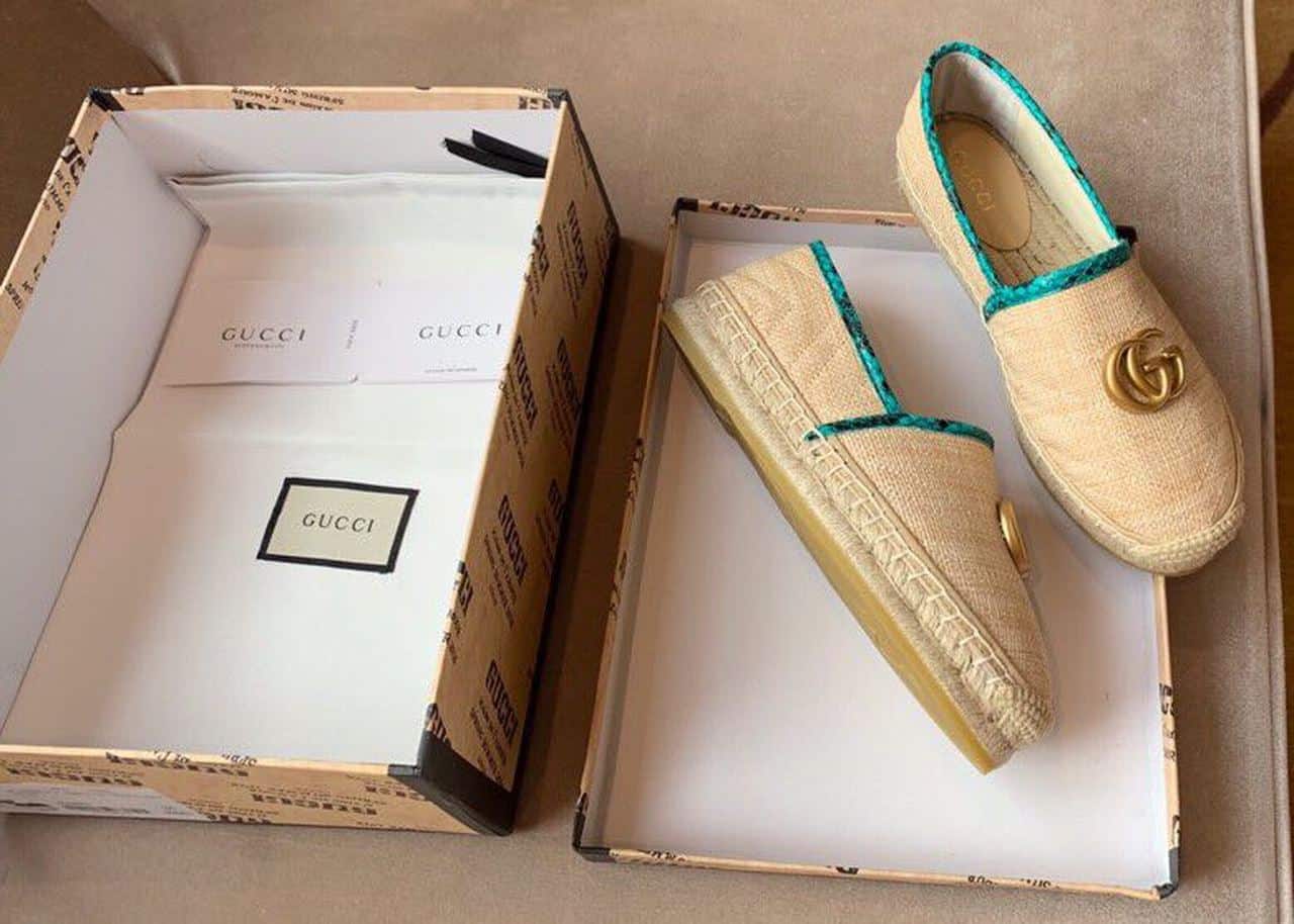 (1:1 replica) Gucci Chevron Snakeskin Trim Raffia Espadrille with Double G Spring/Summer Collection