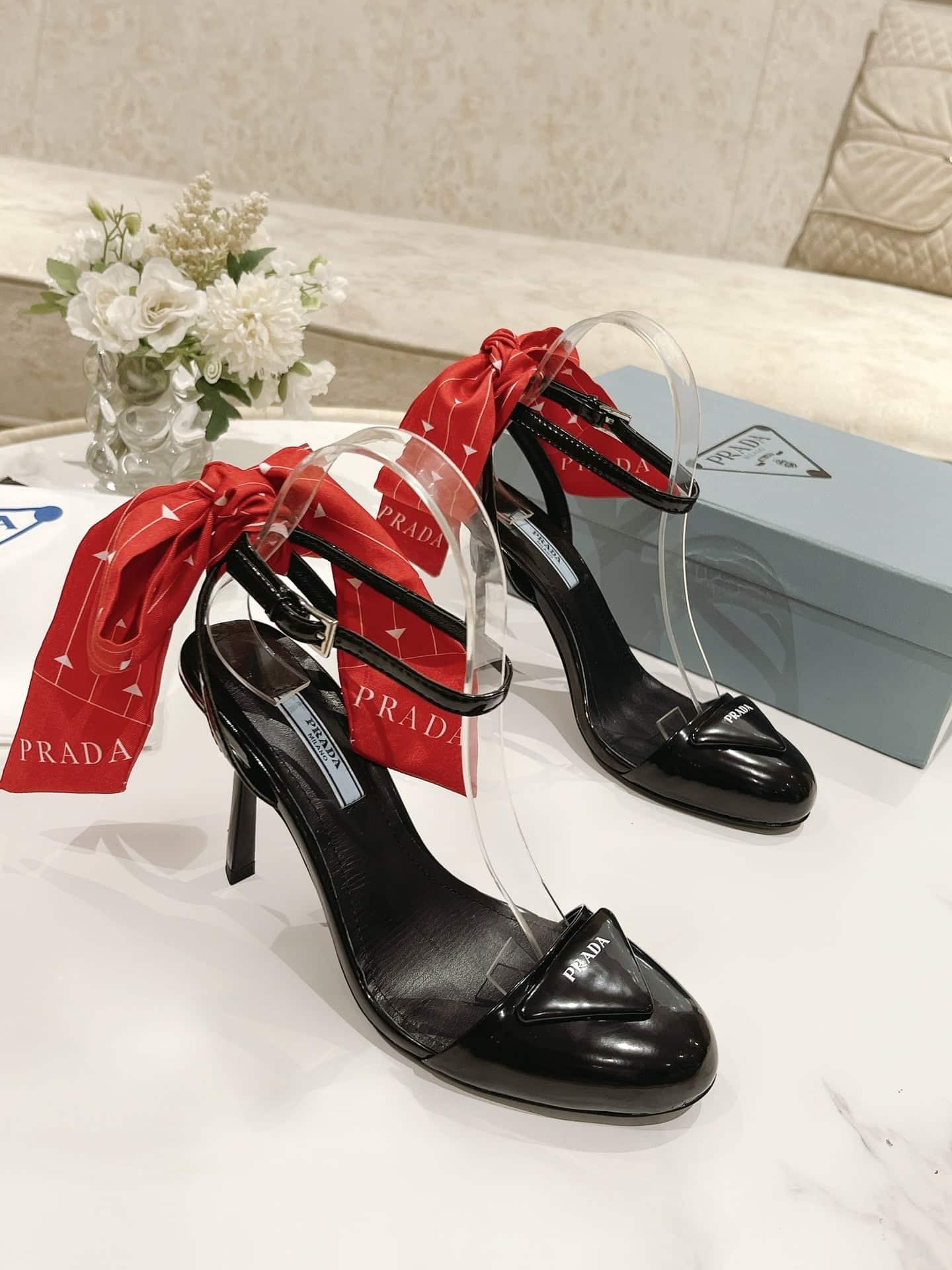 (1:1 replica) Prada Patent Sling-Back Pumps Black For Women 3.5/90mm PRD