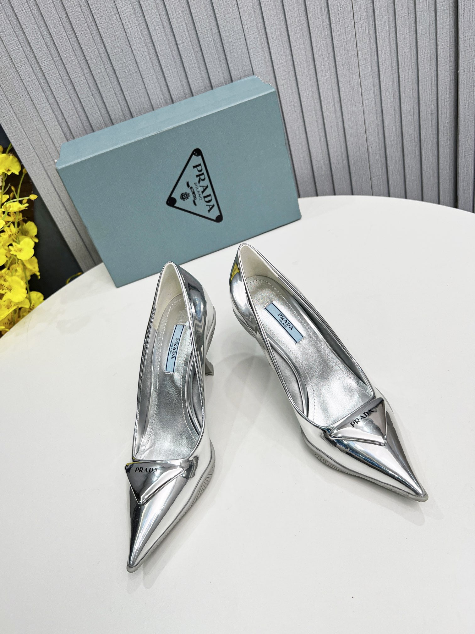(1:1 replica) Prada Brushed Slingback Pumps Silver For Women PRD