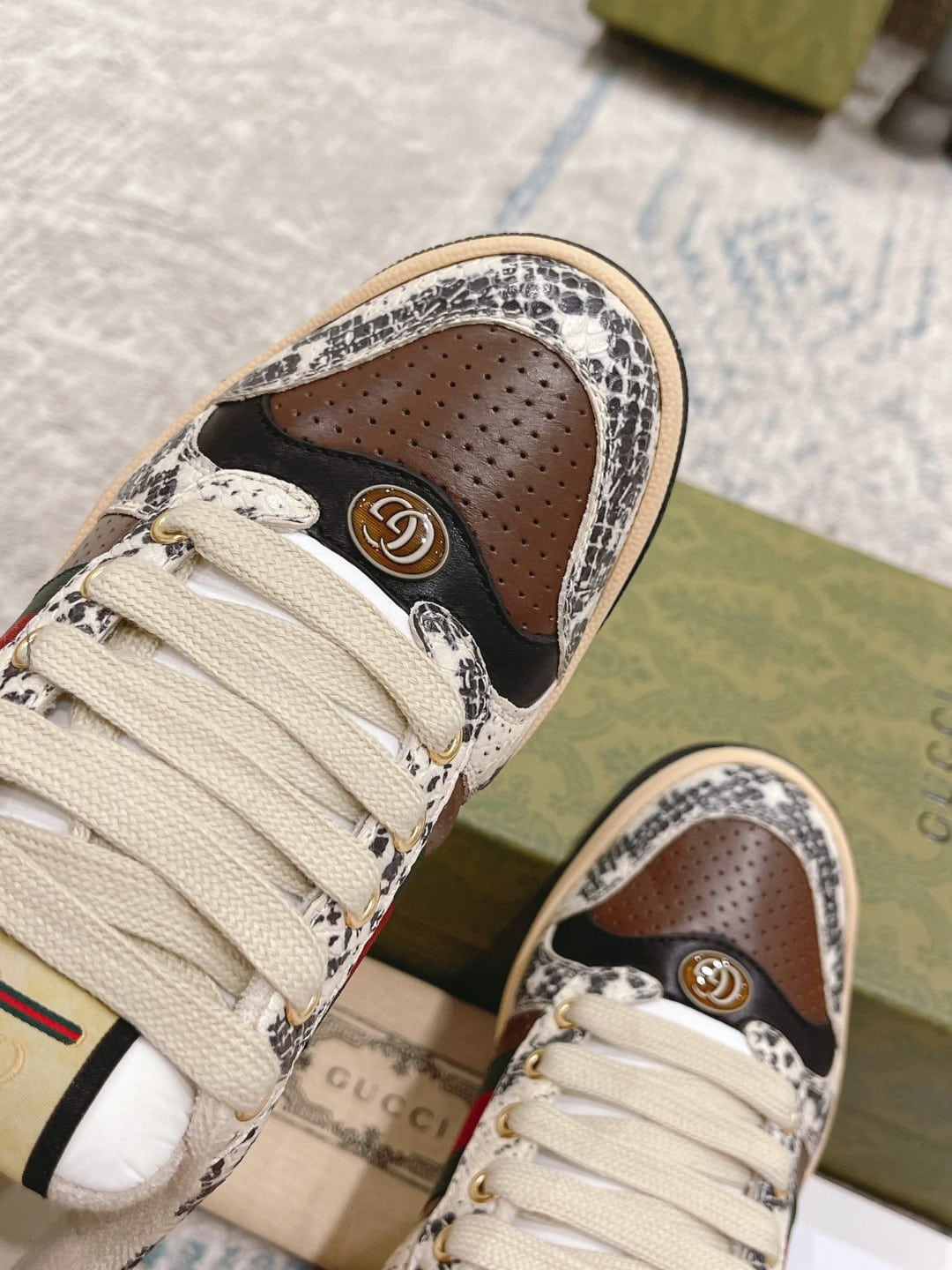 (1:1 replica) Gucci Screener Python-Effect Beige For Women GG Shoes 1496599