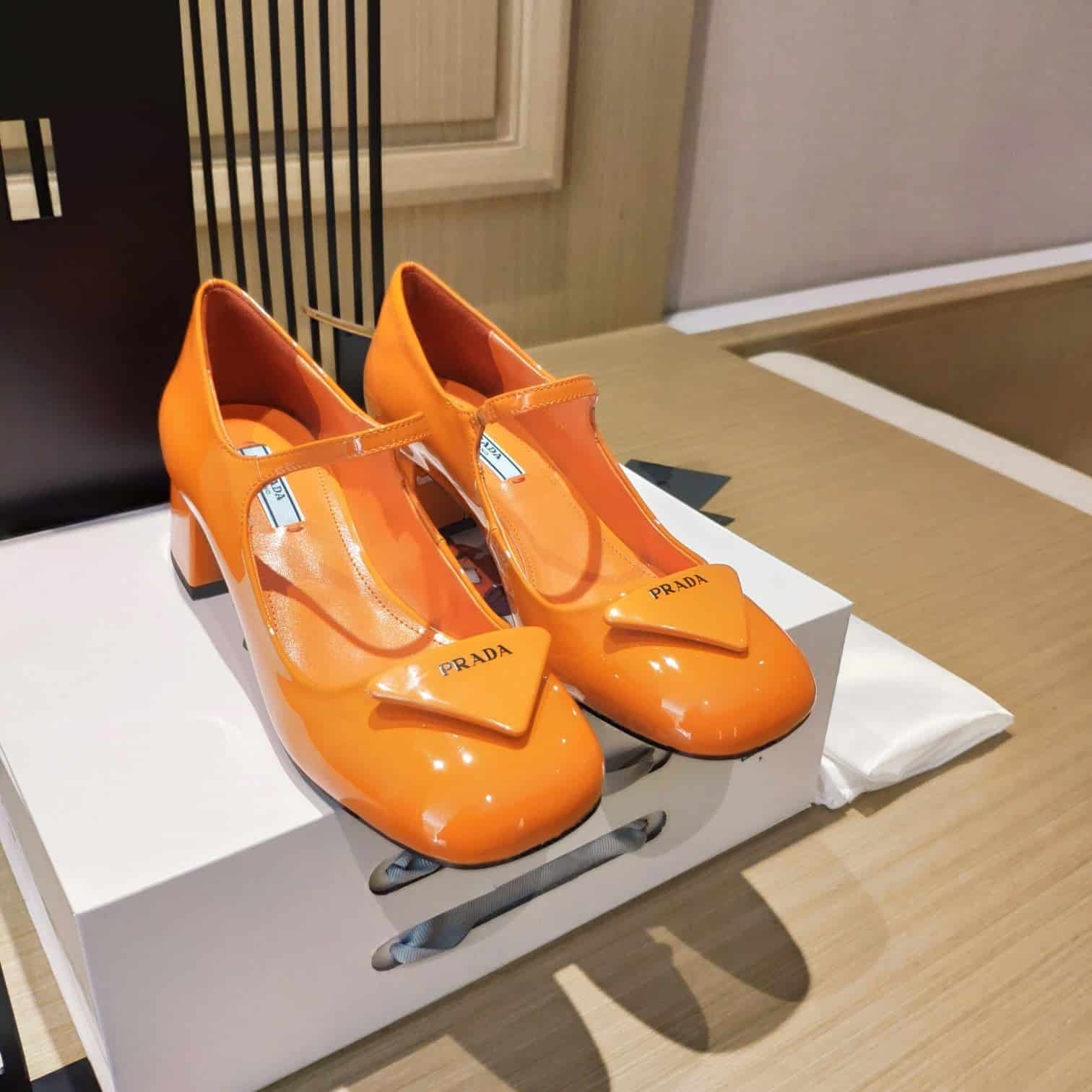 (1:1 replica) Prada Patent Pumps Orange For Women 1.8in/45mm PRD