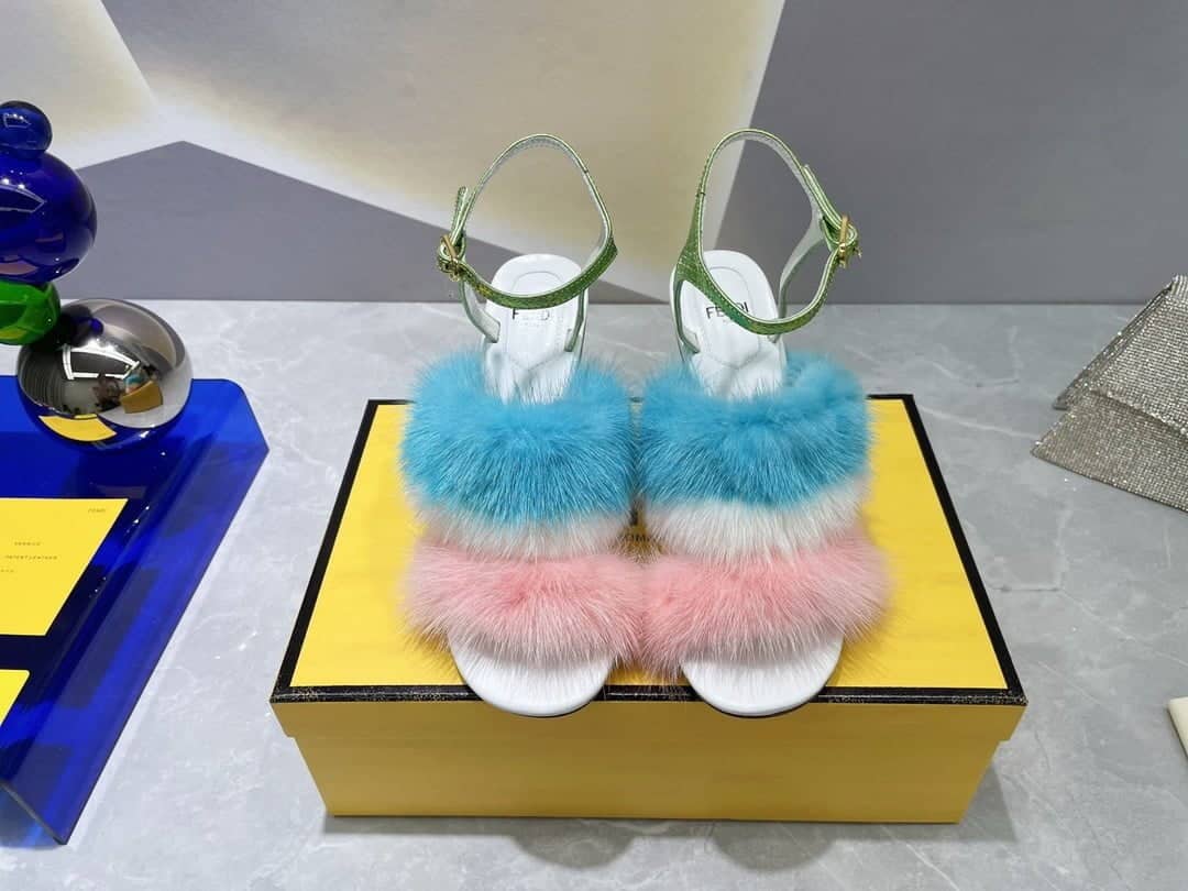 (1:1 replica) Fendi First Pink/Blue Mink High-Heeled Sandals For Women 8X8275AI12F1H01