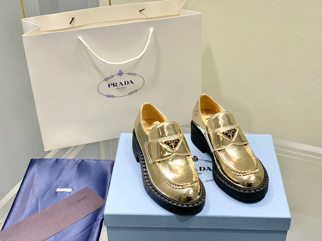 (1:1 replica) Prada Women s Loafers In Gold Metallic Leather PRL004