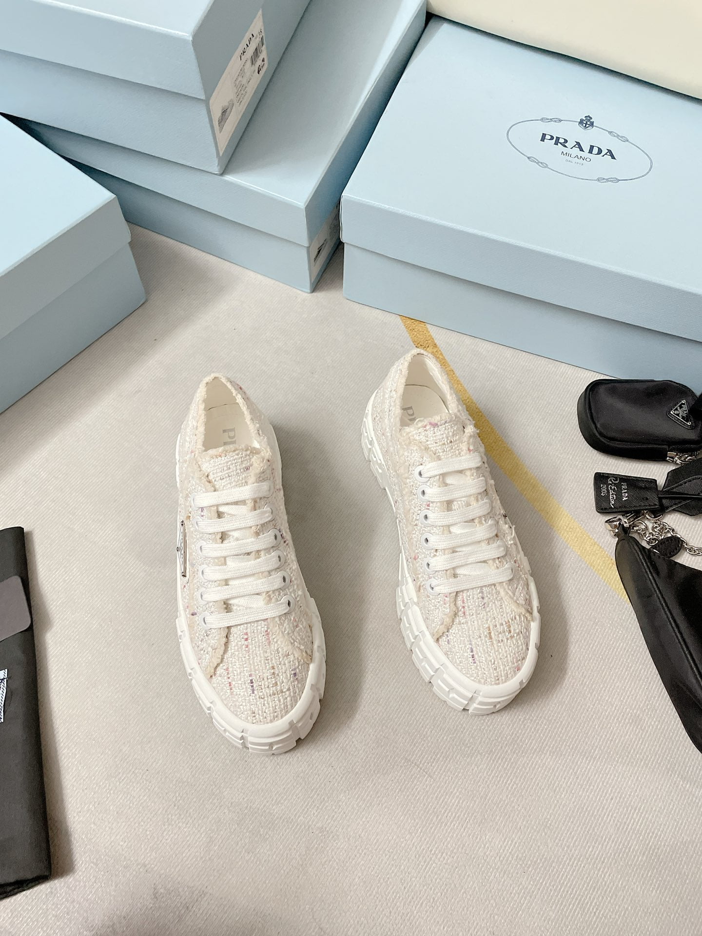 (1:1 replica) Prada Double Wheel Gabardine Sneakers White For Women 2in/50mm PRD