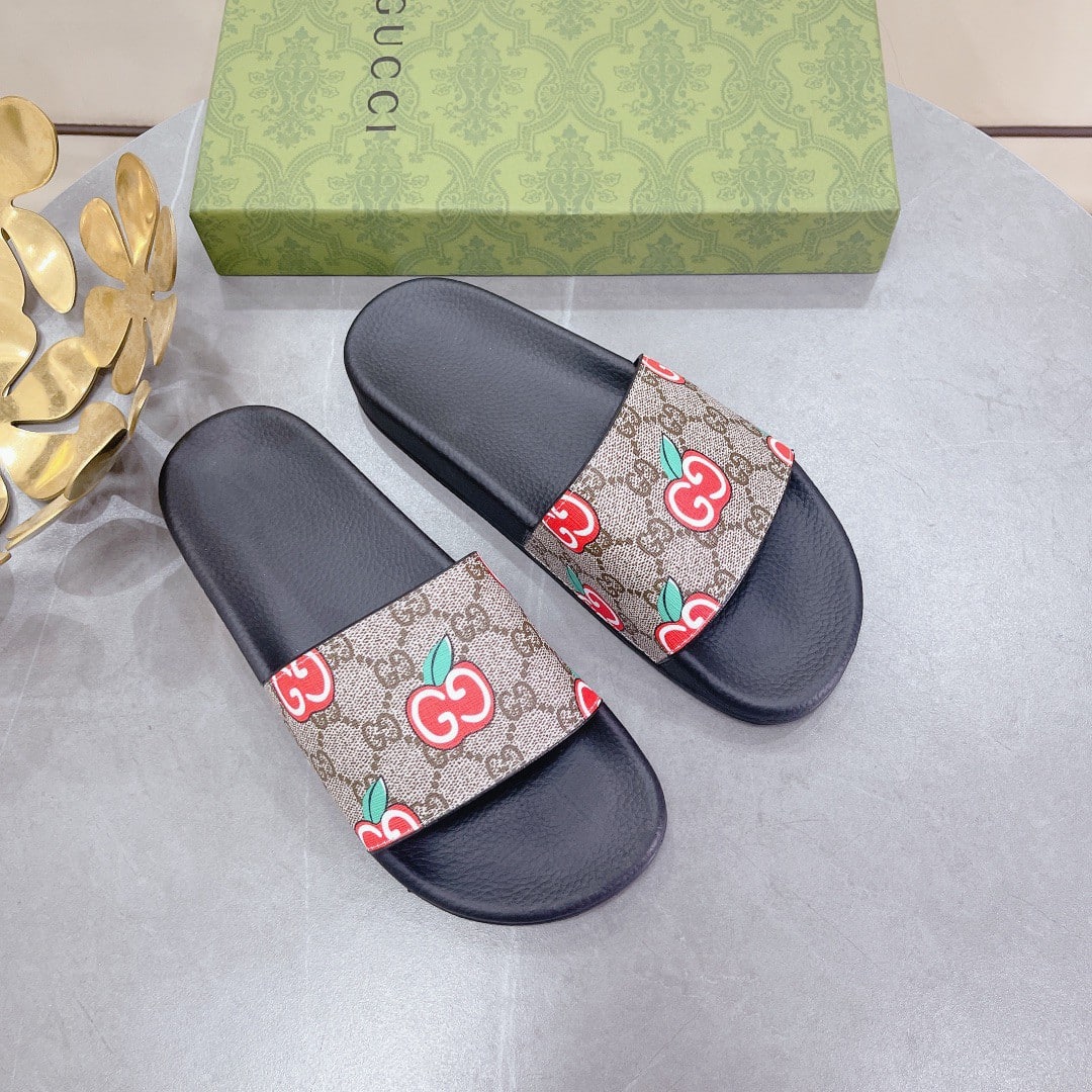 (1:1 replica) Gucci Women s Slide Sandal With GG Apple Black For Women 407345