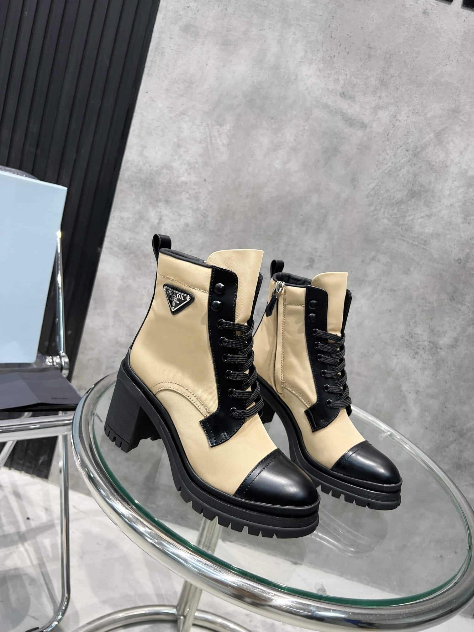 (1:1 replica) Prada Tronchetti Lace-Up Boot Beige For Women PRD