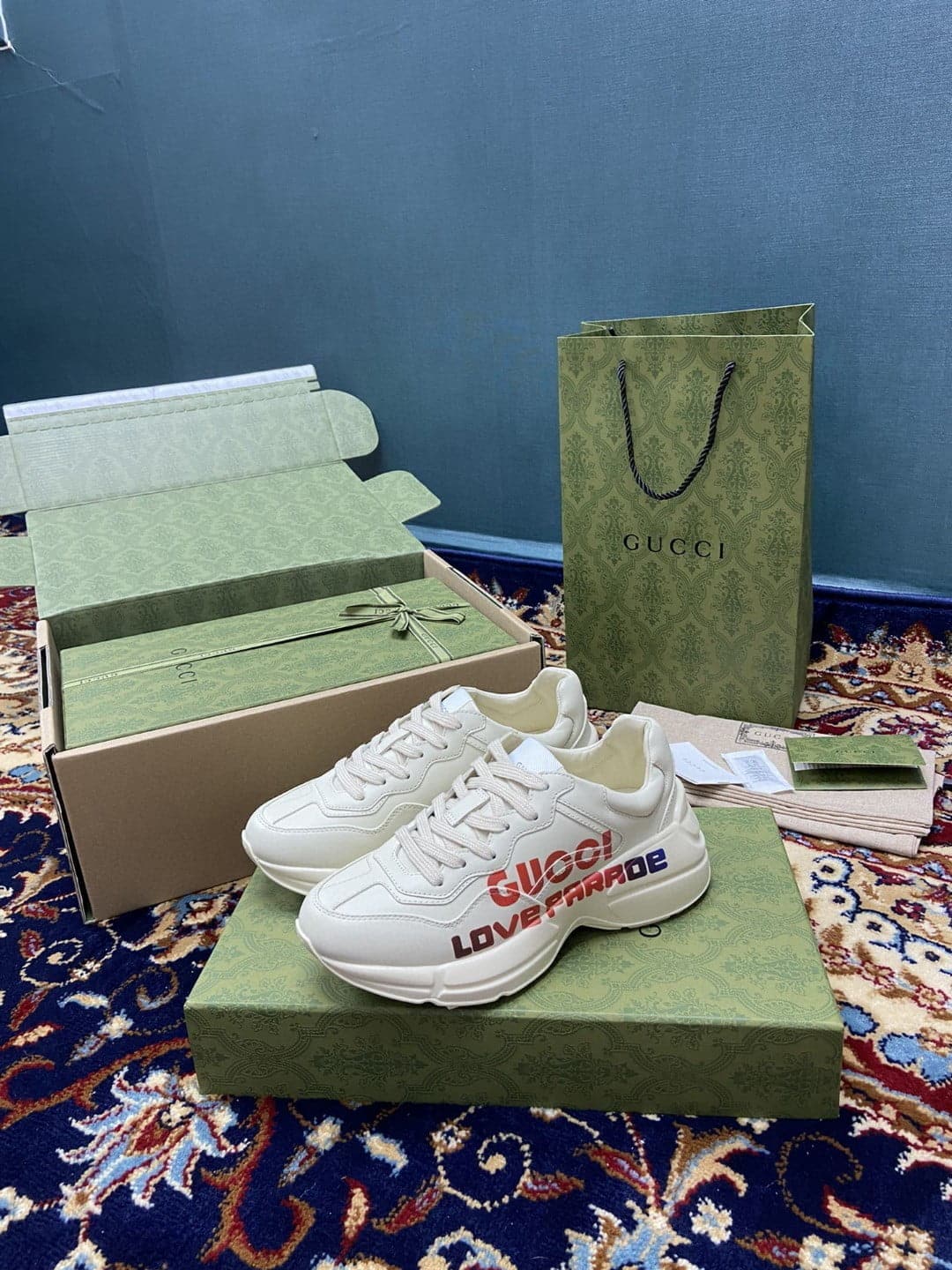 (1:1 replica) Gucci Women s Rhyton Sneakers With Gucci Love Parade Red White Ivory For Women 524990