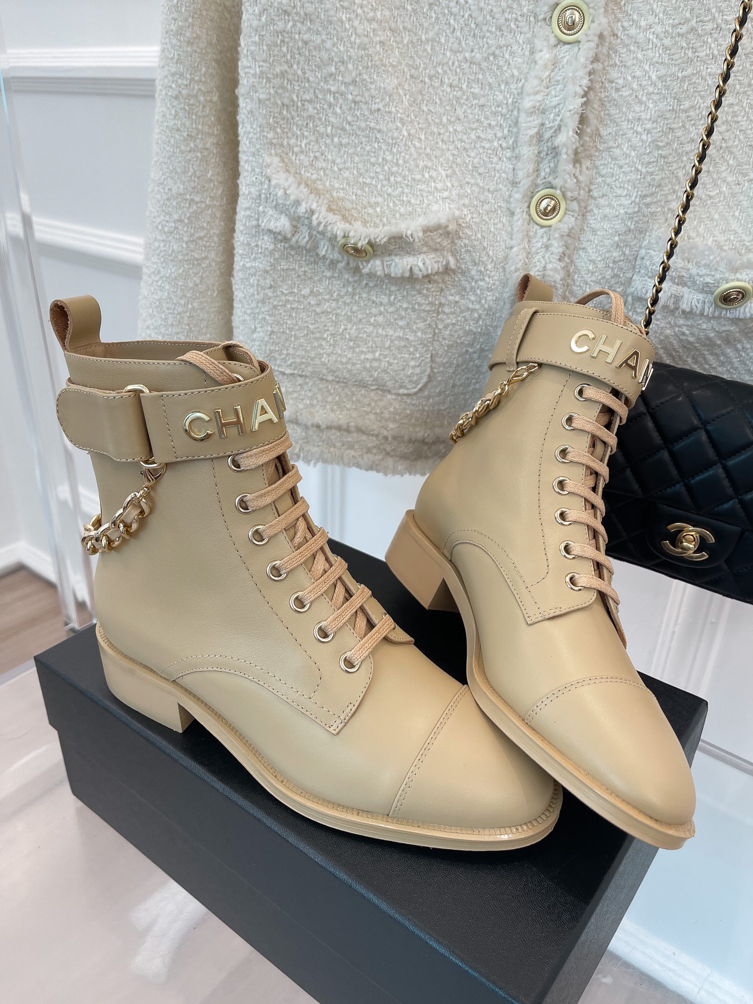(1:1 replica) Chanel Women s Lace-Up With Chain Beige For Women 1.5in/4cm