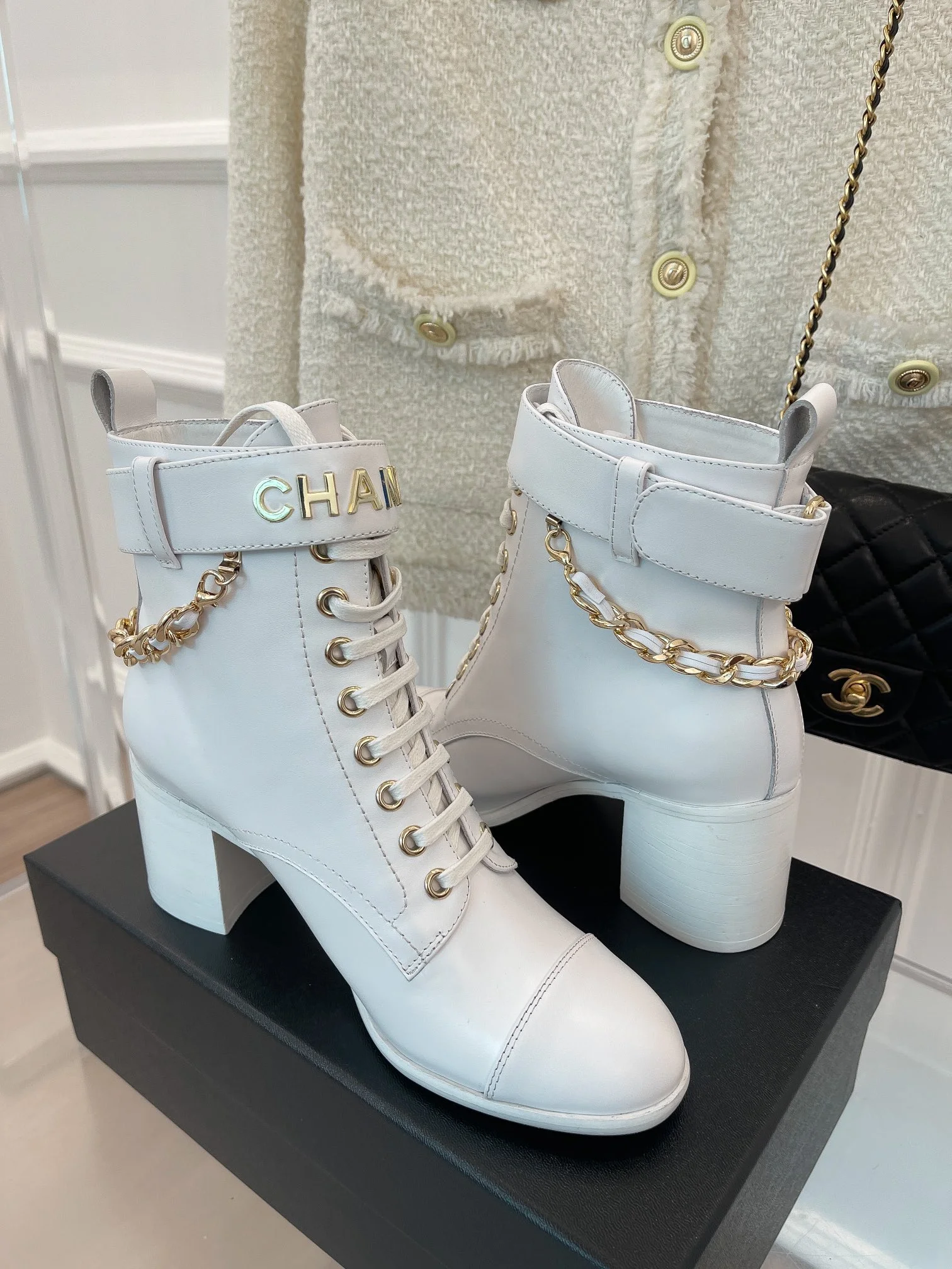 (1:1 replica) Chanel Women s Lace-Up With Chain White For Women 3.7in/9.5cm
