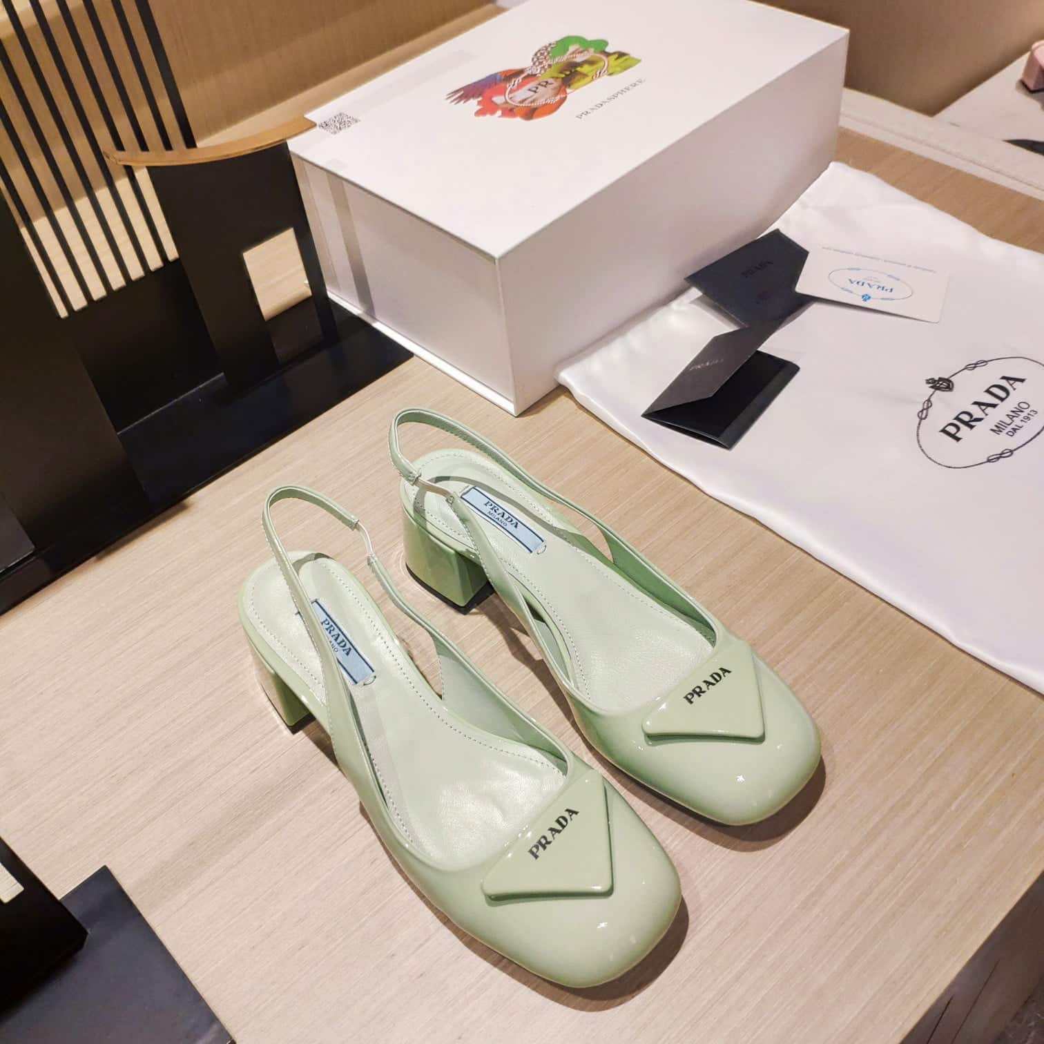 (1:1 replica) Prada Patent Sling-Back Pumps Light Green For Women 1.8in/45mm PRD