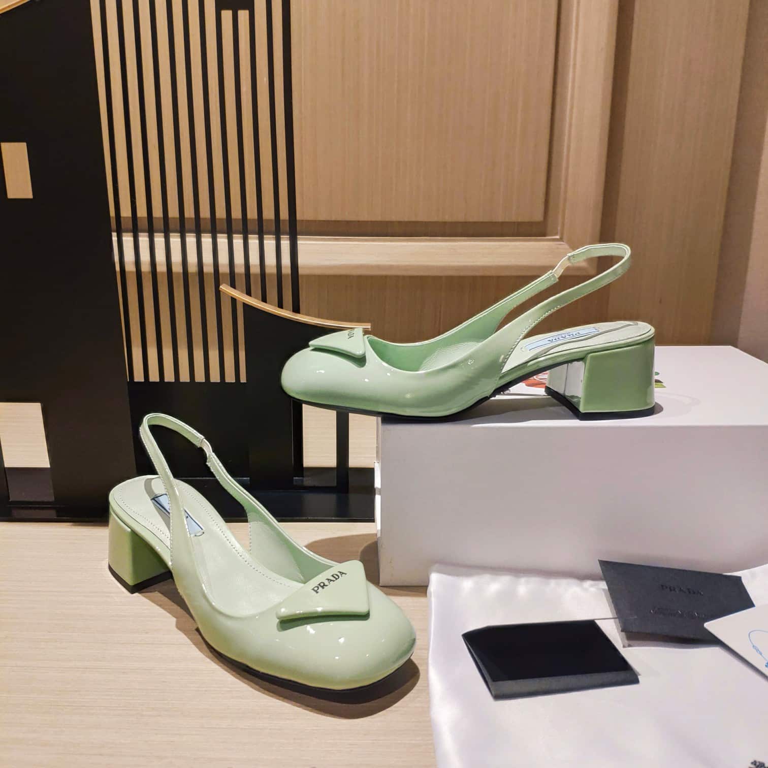 (1:1 replica) Prada Patent Sling-Back Pumps Light Green For Women 1.8in/45mm PRD