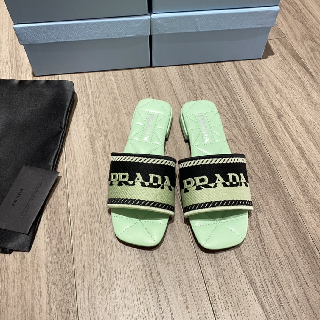 (1:1 replica) Prada Embroidered Fabric Slides Black/Green For Women 0.4in/10mm PRD