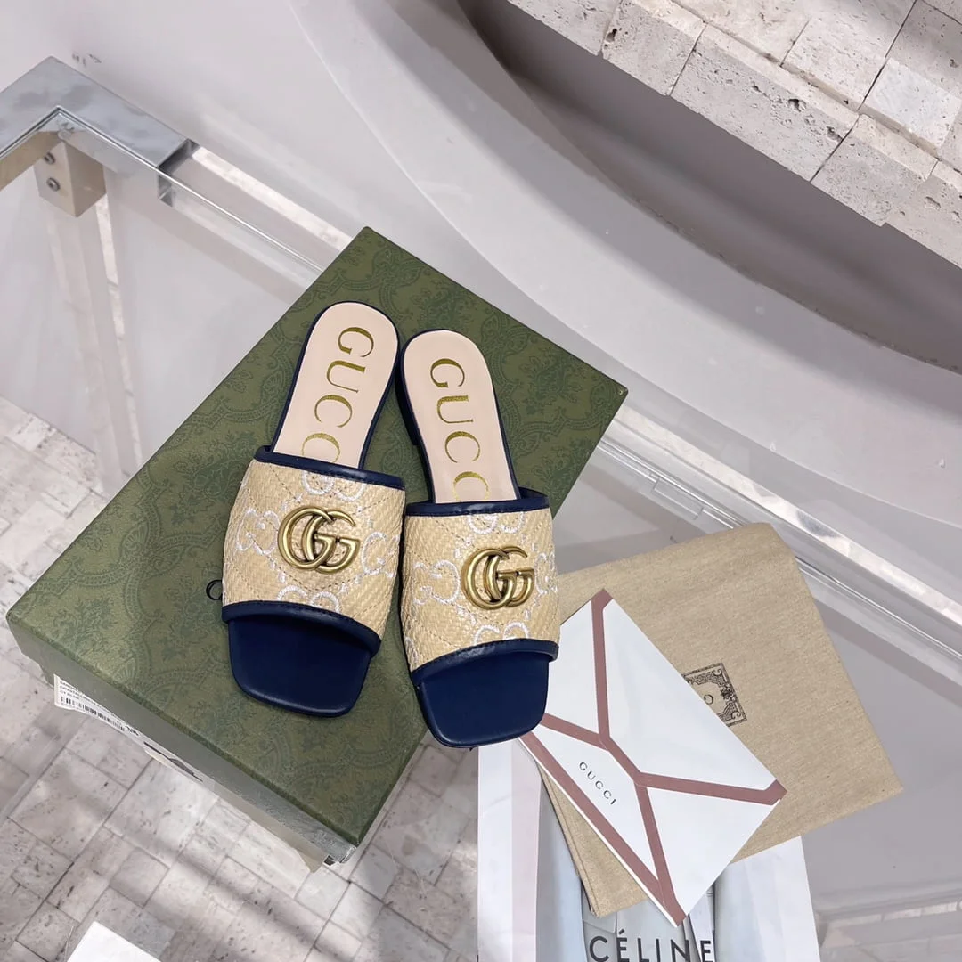 (1:1 replica) Gucci Women s GG Raffia Effect Slide Purple For Women GG