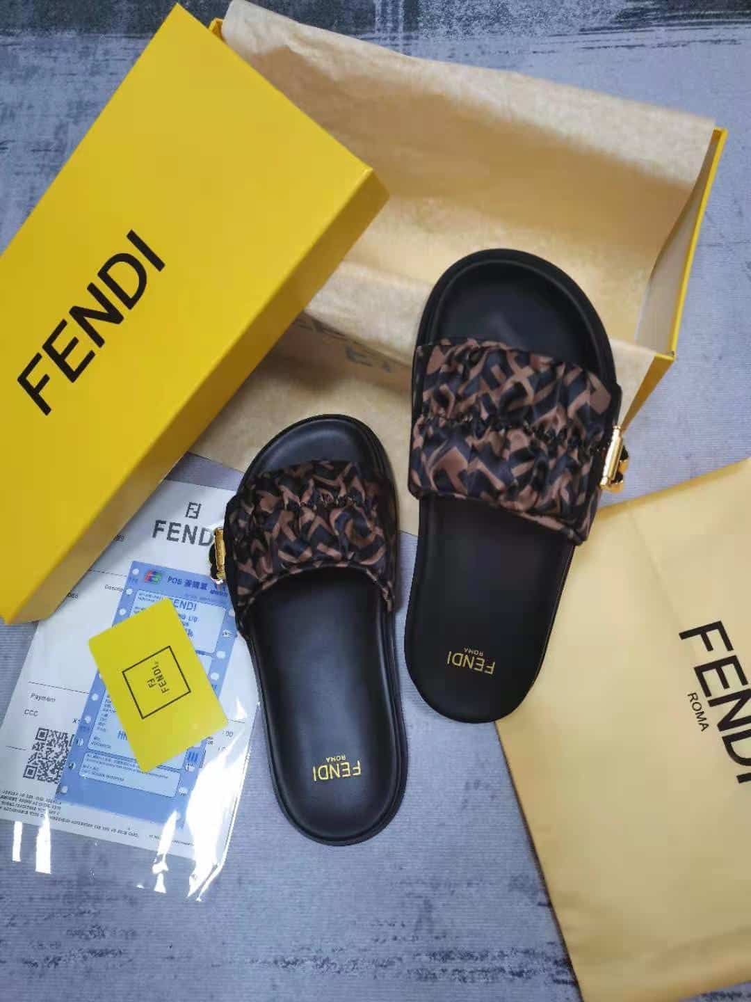 (1:1 replica) Fendi Feel Brown Satin Slides For Women 8X8142AE7SF0R7V