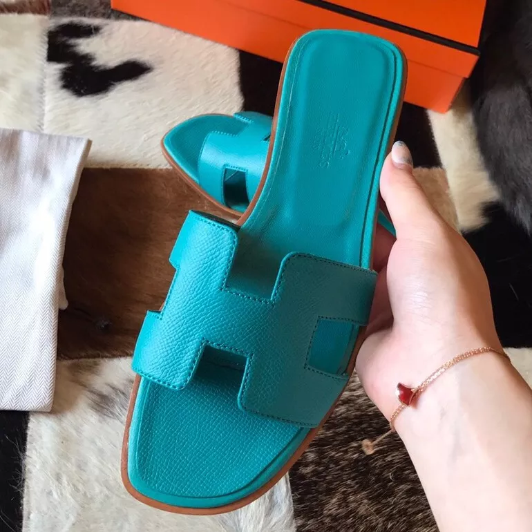 (1:1 replica) HERMES ORAN SLIDE SANDALS IN BLUE PAON EPSOM CALFSKIN HMSD070