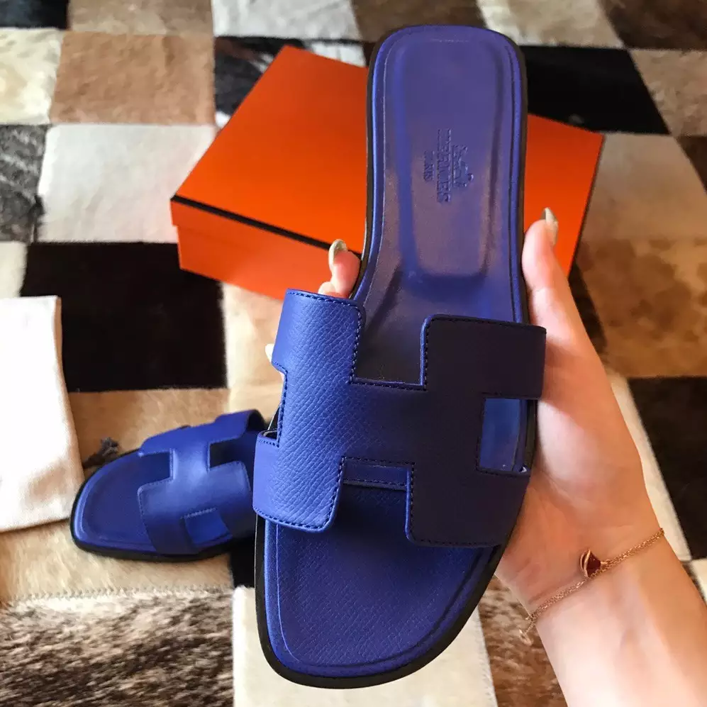 (1:1 replica) HERMES ORAN SLIDE SANDALS IN BLUE ELECTRIC EPSOM CALFSKIN HMSD073
