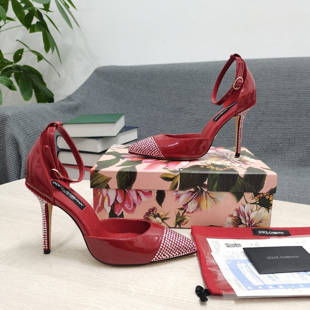 (1:1 replica) Dolce Gabbana Patent Pumps With Fusible Rhinestones Red For Women DG Shoes