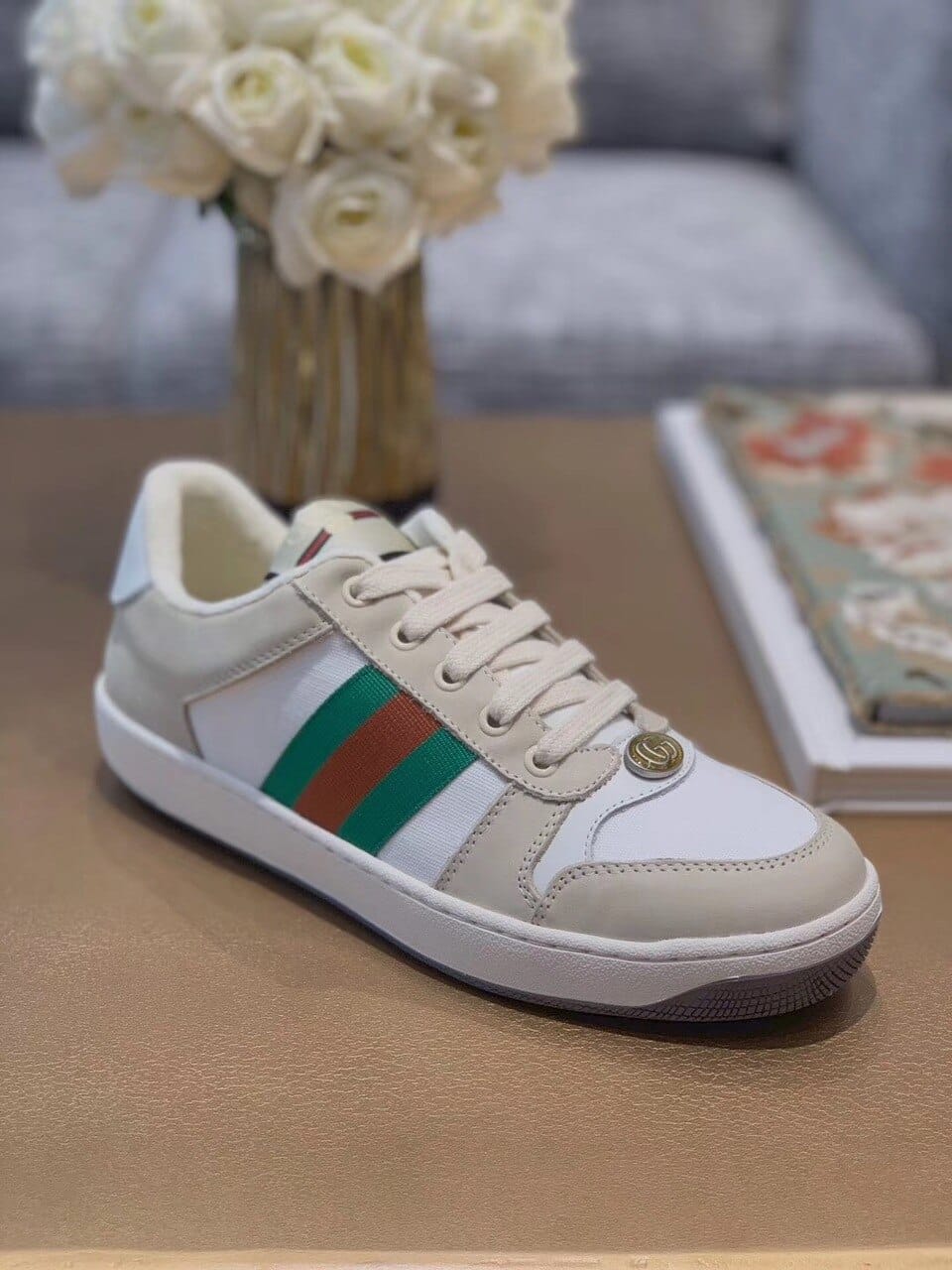 (1:1 replica) Gucci Women s Screener Sneaker With Web Beige/White For Women GG