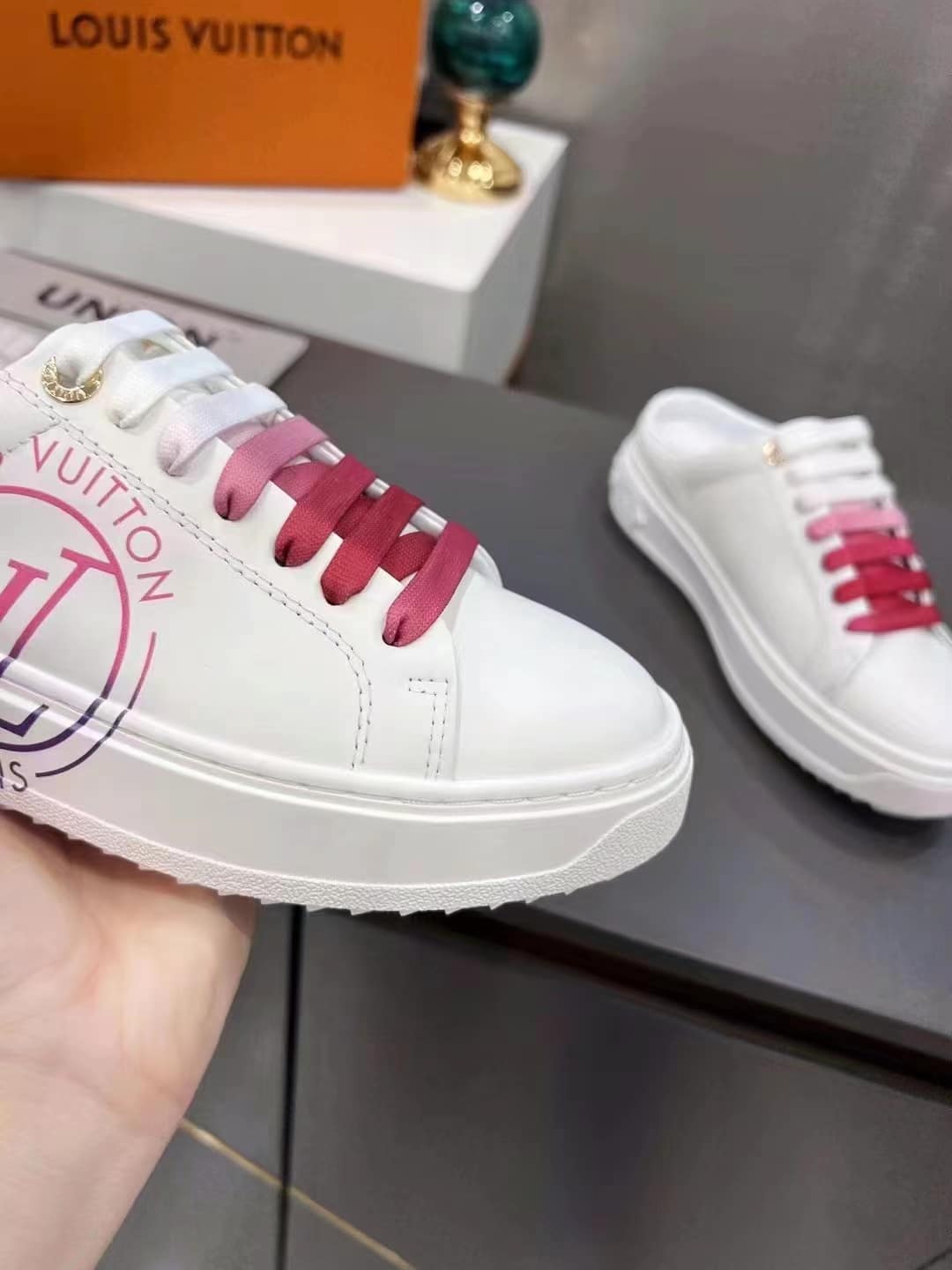 (1:1 replica) Louis Vuitton Women s Time Out Open-Back Sneaker Fuchsia Pink For Women LV 1AA1CD
