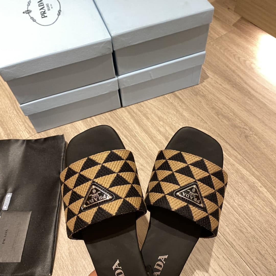(1:1 replica) Prada Embroidered Fabric Slides Black/Beige For Women 0.4in/10mm PRD 1XX637_3LK6_F0Y30_F_010
