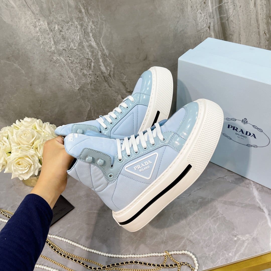(1:1 replica) Prada Macro Re-Nylon And Brushed High-Top Sneakers Blue For Women 1.8in/45mm PRD