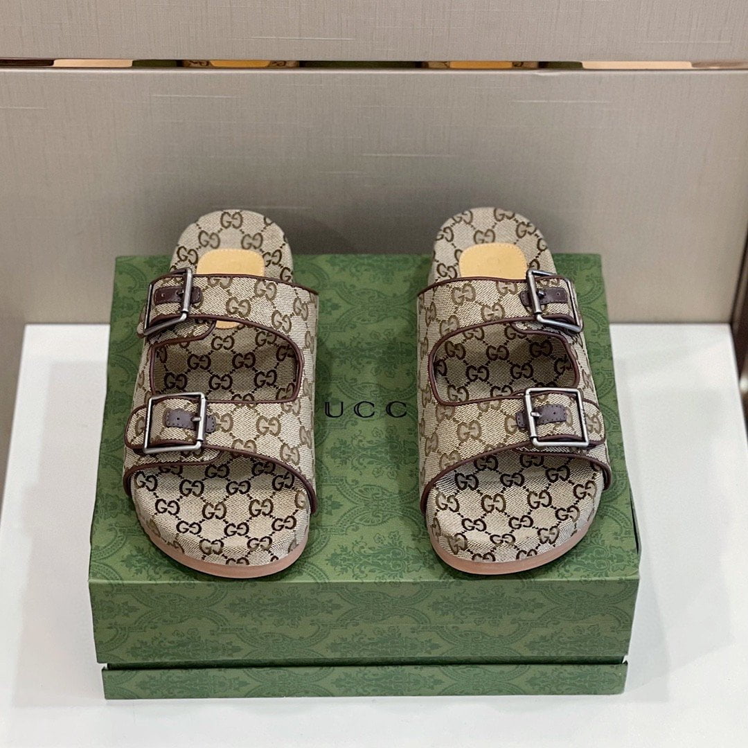 (1:1 replica) Gucci Women s Slide Sandal With Straps Beige And Ebony For Women 658020 2HK60 9791