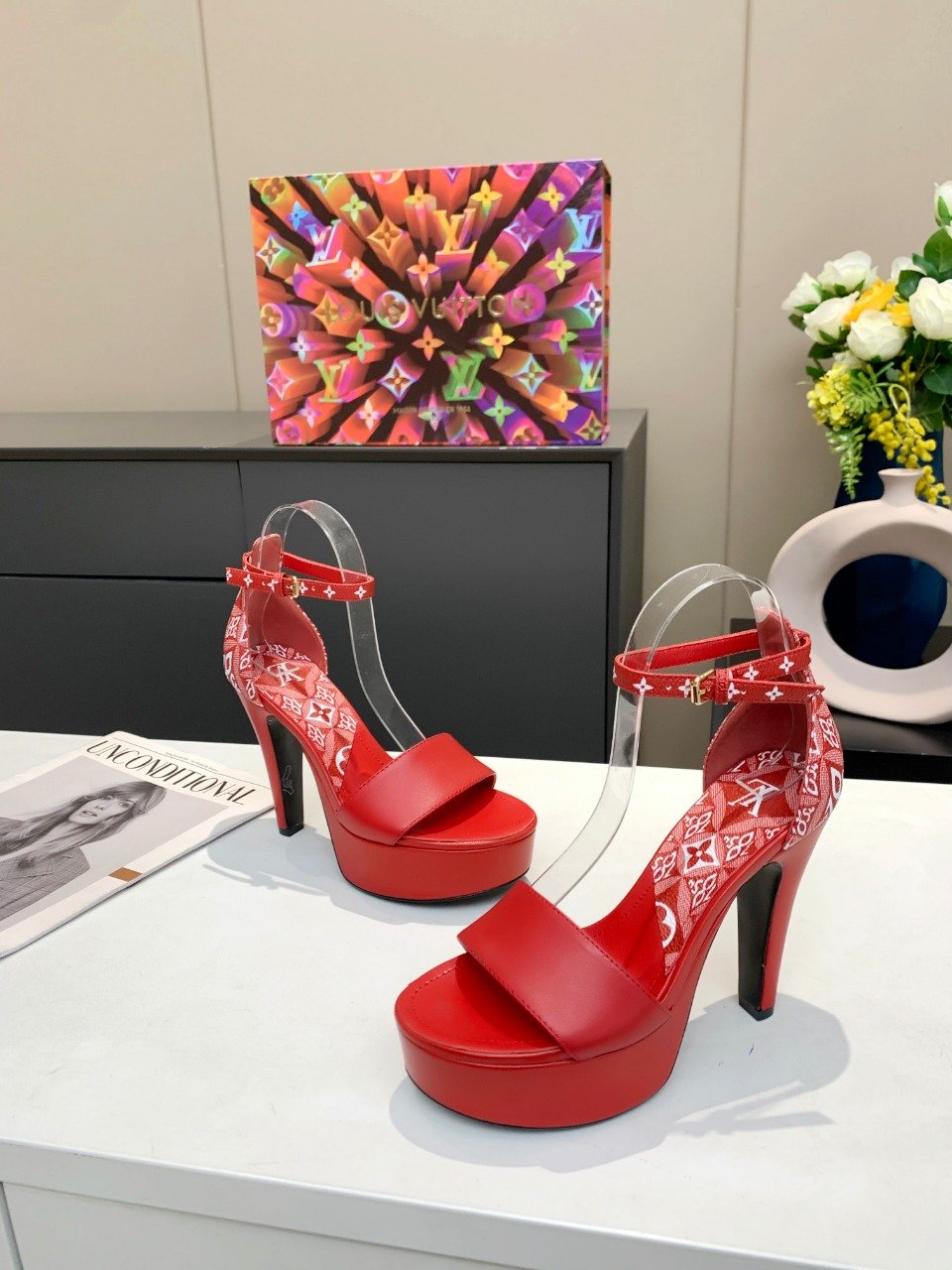 (1:1 replica) Louis Vuitton Women s Afterglow Platform Sandal Red And White For Women LV