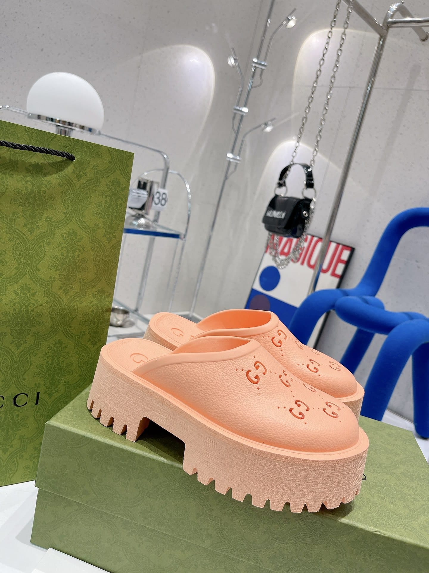 (1:1 replica) Gucci Women s Platform Perforated G Sandal Peach For Women GG 663577 JFB00 6707