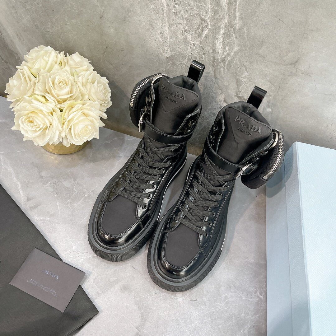 (1:1 replica) Prada Macro Re-Nylon And Brushed High-Top Sneakers Black For Women 1.8in/45mm PRD