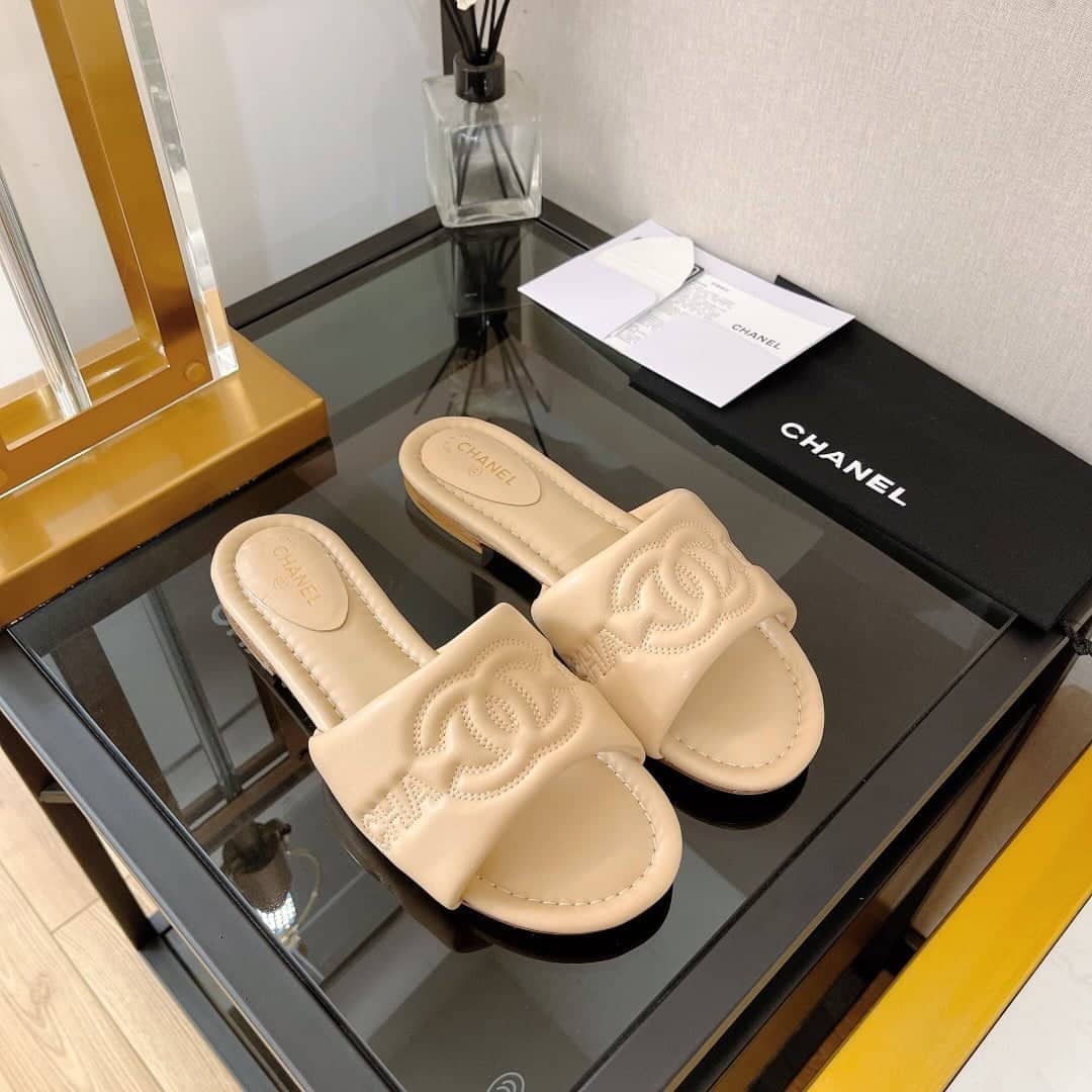 (1:1 replica) Chanel Women s Mules With Embossed Chanel Logo Beige For Women