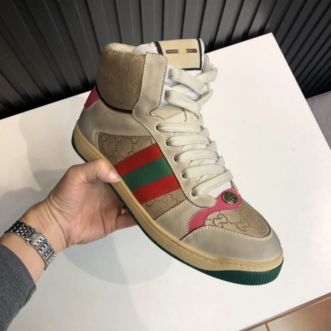 (1:1 replica) Gucci Women s Screener GG Distressed High Top Off-White Pink For Women 5637309