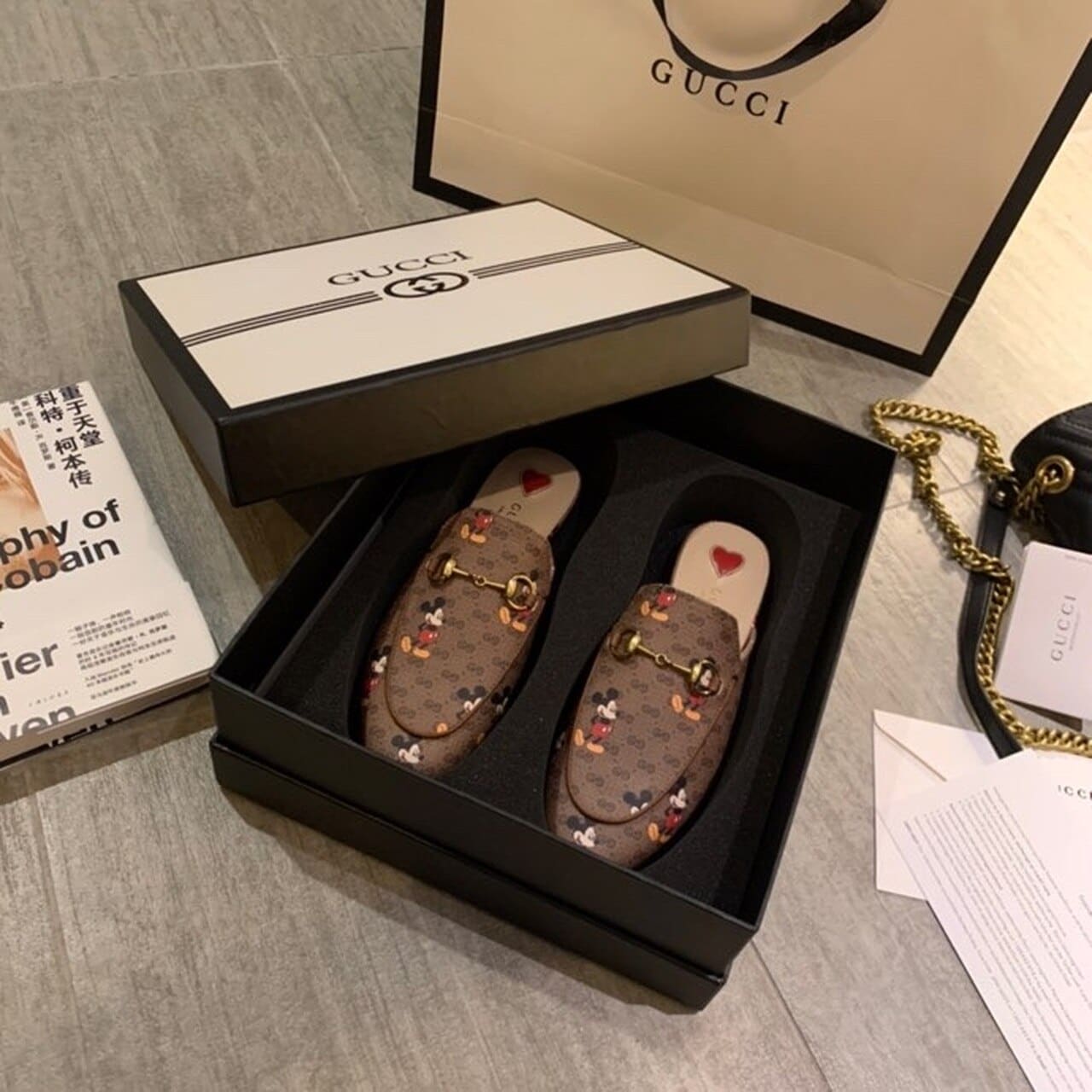 (1:1 replica) Gucci x Disney Princetown Mules Brown For Women GG