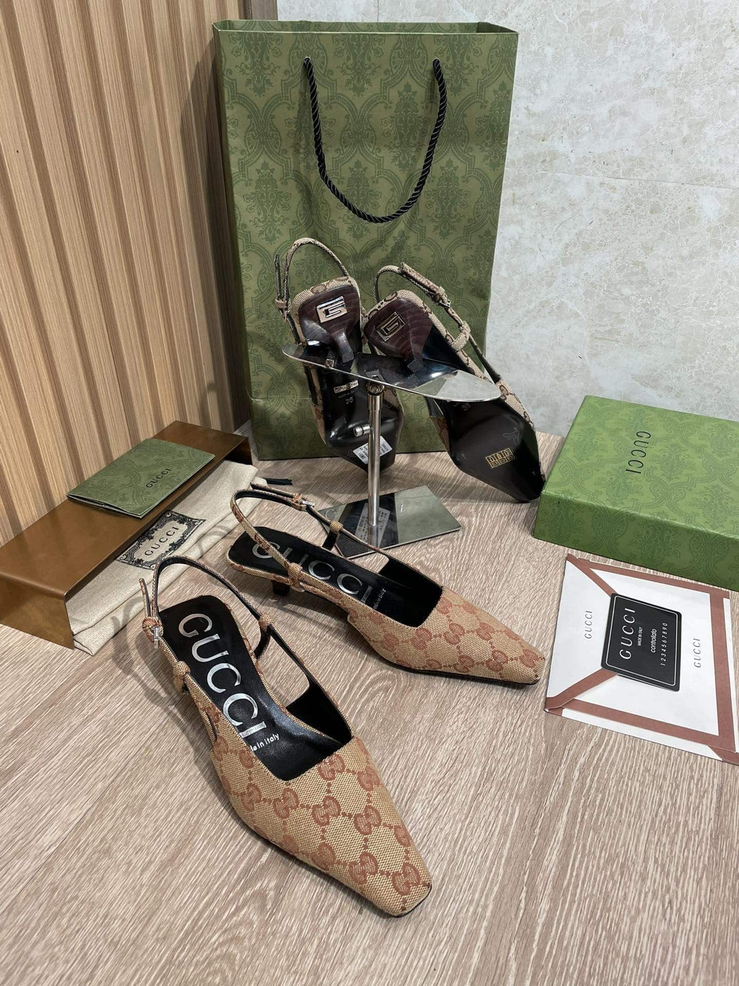 (1:1 replica) Gucci Women s GG lingback Pump By Canvas Fabric Brown For Women GG 675441 9SF10 2583