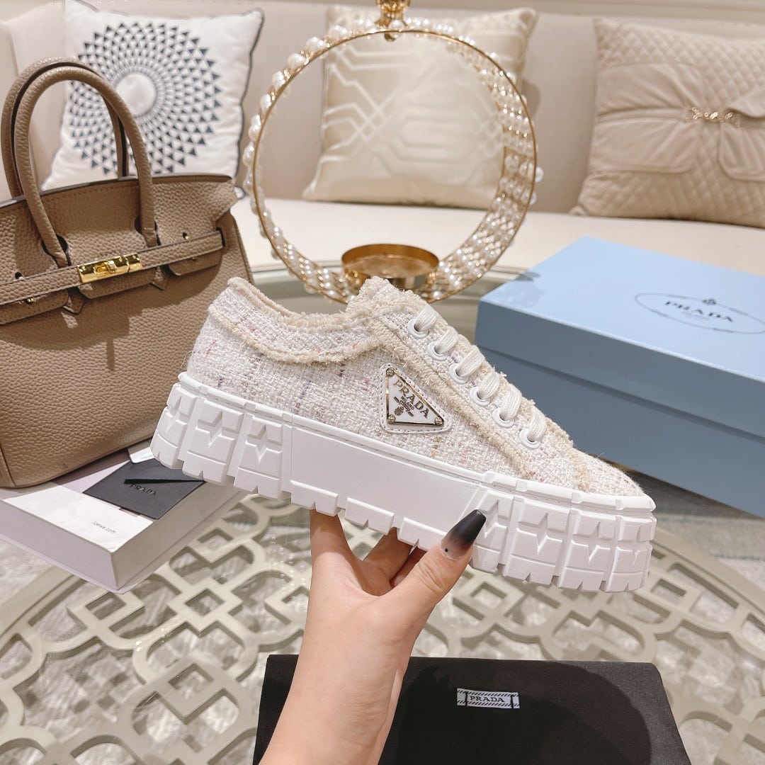 (1:1 replica) Prada Gabardine Canva Double Wheel Sneakers Beige For Women 2in/50mm PRD