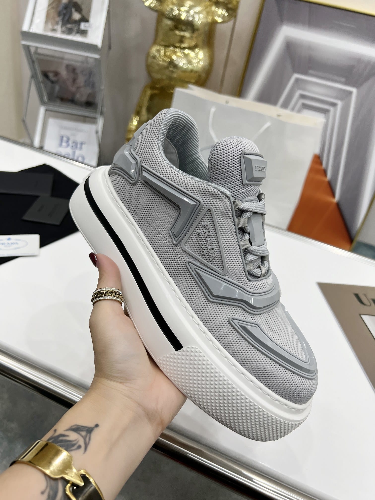(1:1 replica) Prada Re-Nylon And Brushed Sneakers Grey For Women 1.96in/50mm PRD