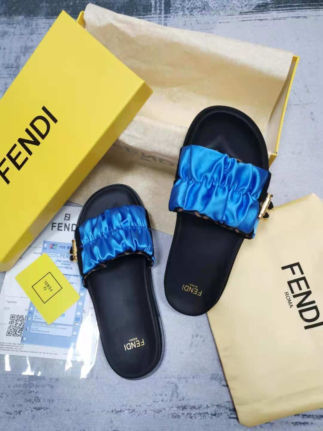 (1:1 replica) Fendi Feel Blue Satin Slides For Women