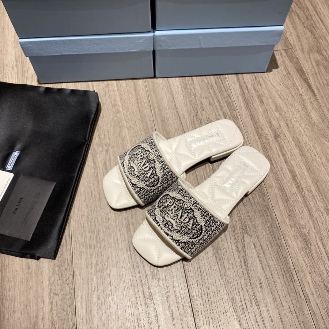 (1:1 replica) Prada Embroidered Fabric Slides Black For Women 0.4in/10mm PRD