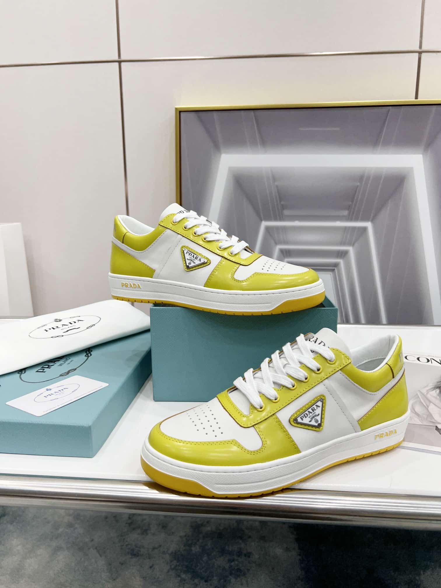 (1:1 replica) Prada Downtown Perforated Sneakers Yellow/White For Women 1.2in/30mm PRD 2EE364_3LKG_F0A7U