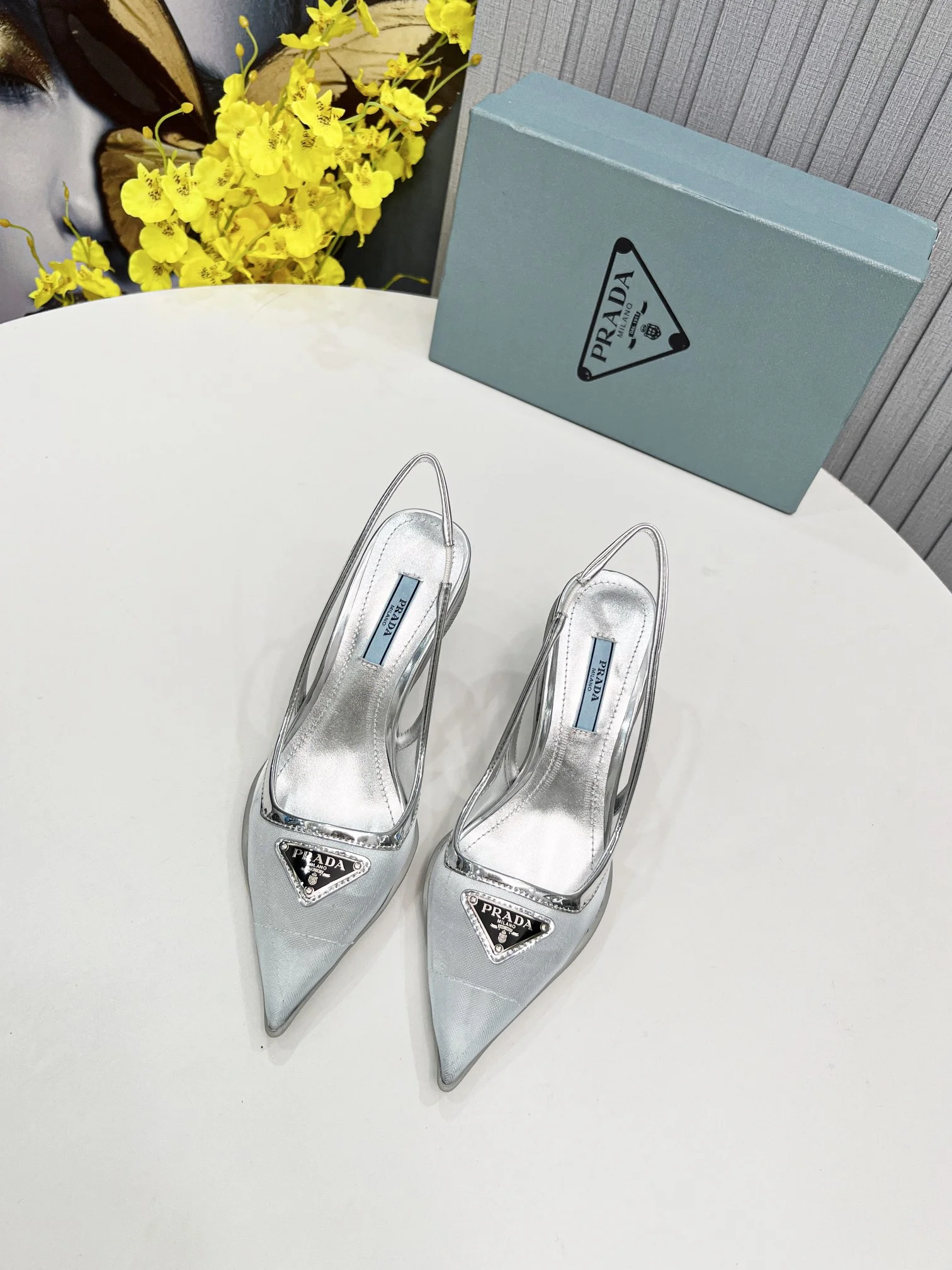 (1:1 replica) Prada Mesh Fabric Slingback Pumps Silver For Women PRD