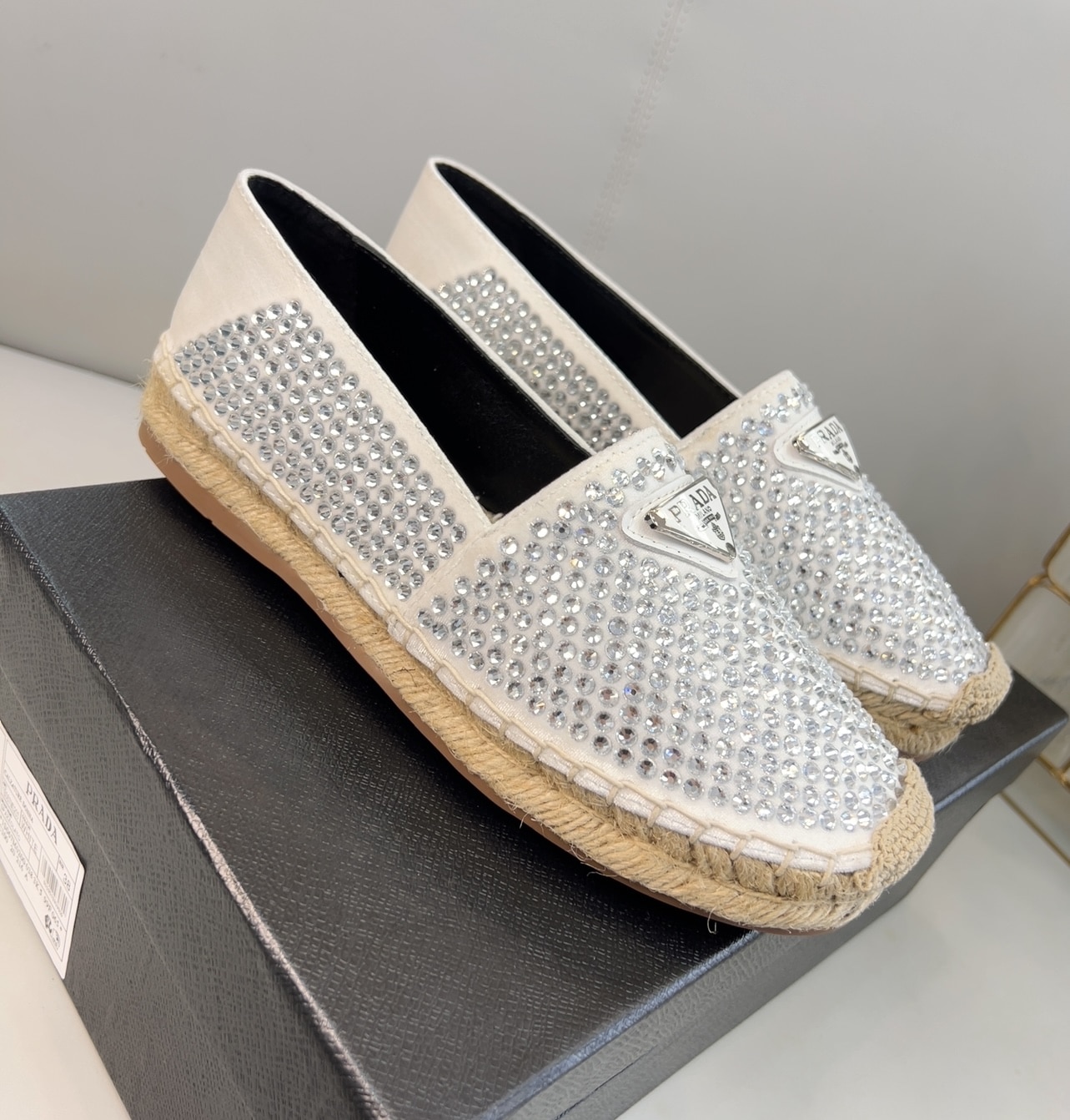 (1:1 replica) Prada Espadrillas With Crystals White For Women 0.8in/20mm PRD